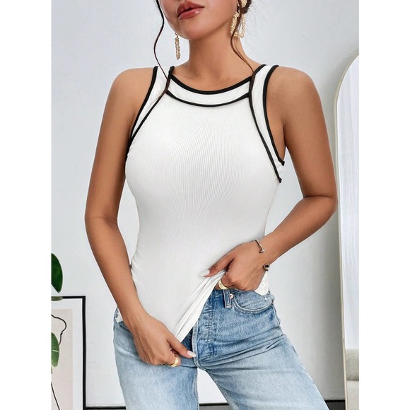 y2k minimalist high neck Contrast Binding Tank Top cream - Picture 8 of 11